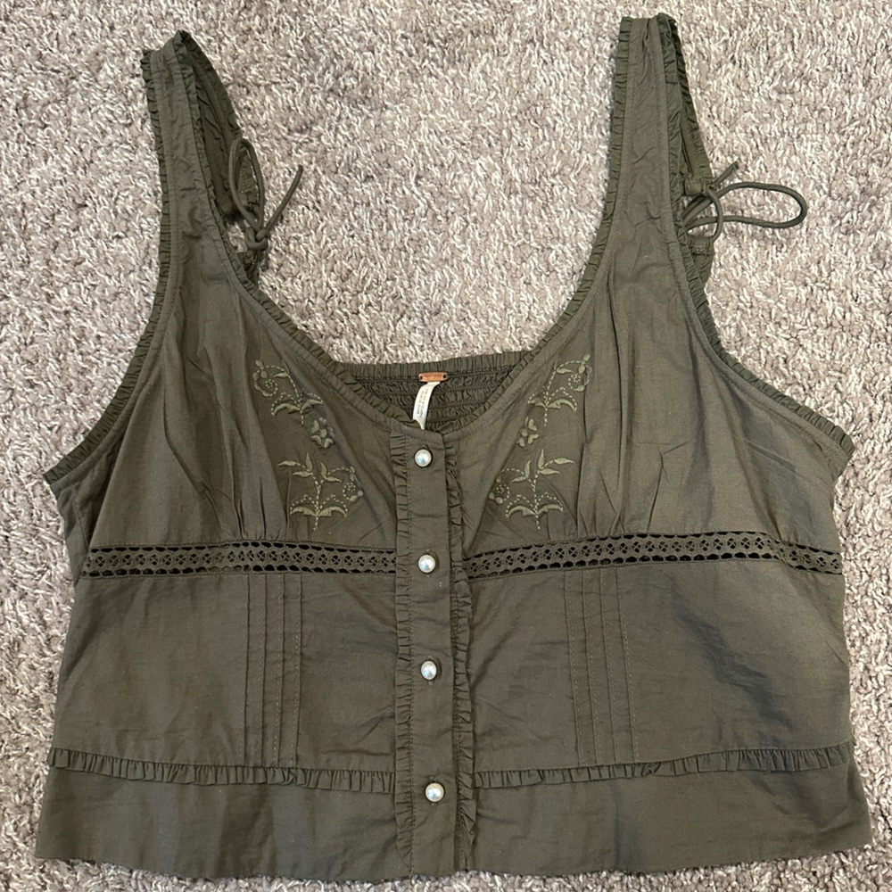 Free People Olive Embroidered Button-Front Crop Tank